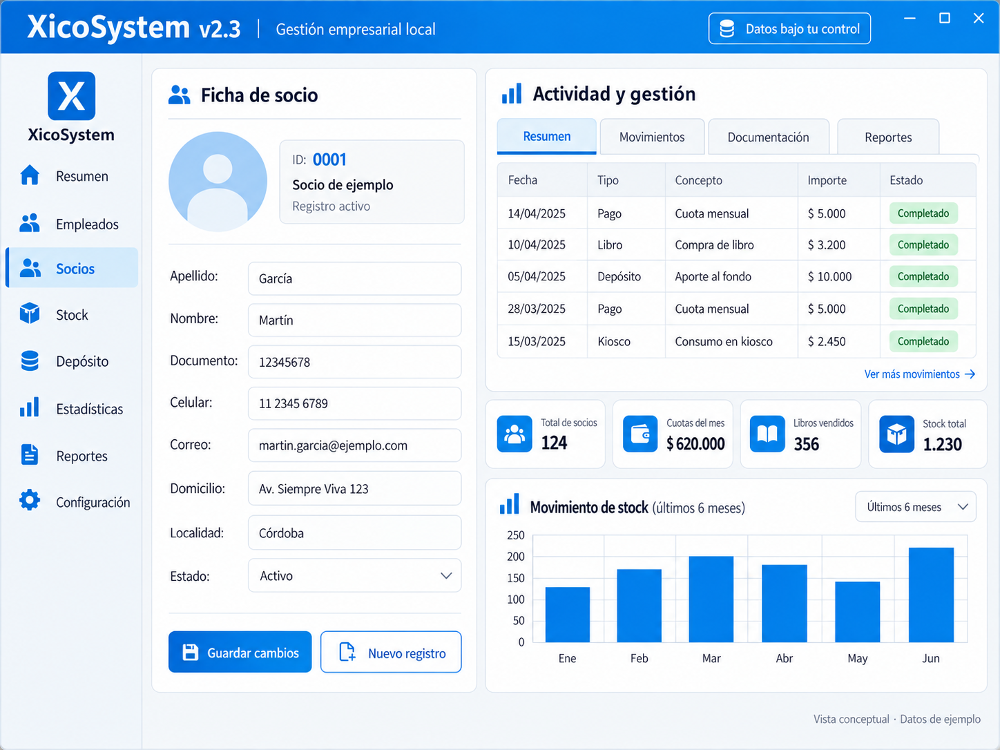 XicoSystem v2.3: gestión local de empleados, socios, stock, depósito, estadísticas y reportes